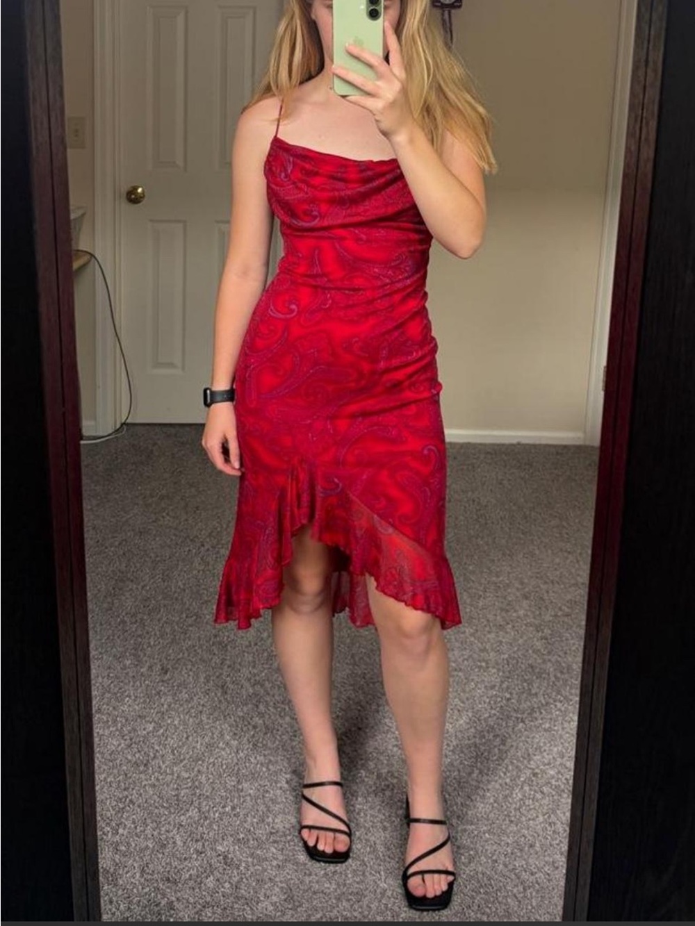 Vintage Red Paisley Cowl Slip Midi Dress